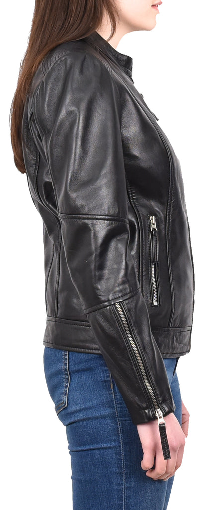 DR571 Women's Casual Zip up Genuine Leather Biker Jacket Black 5