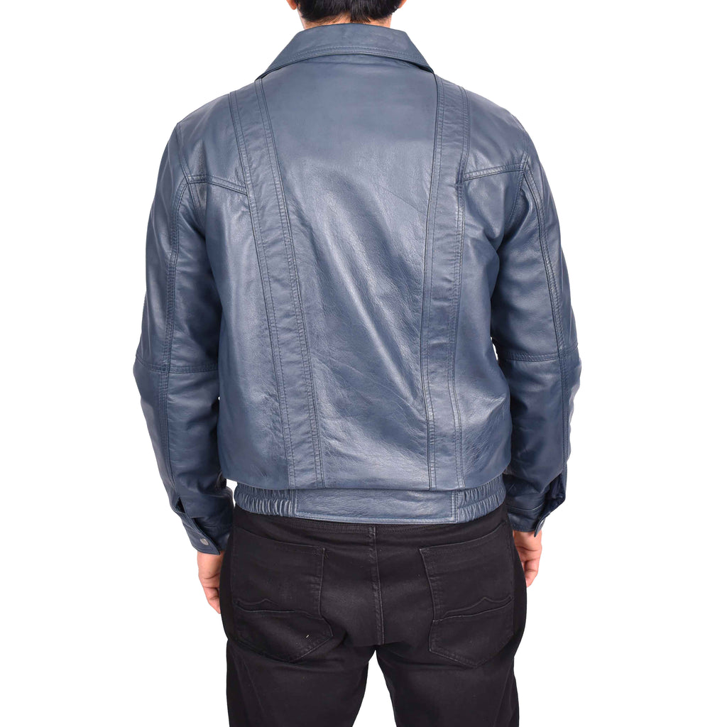 Men's Real Leather Classic Blue Jacket Bomber Blouson Style Errick-6