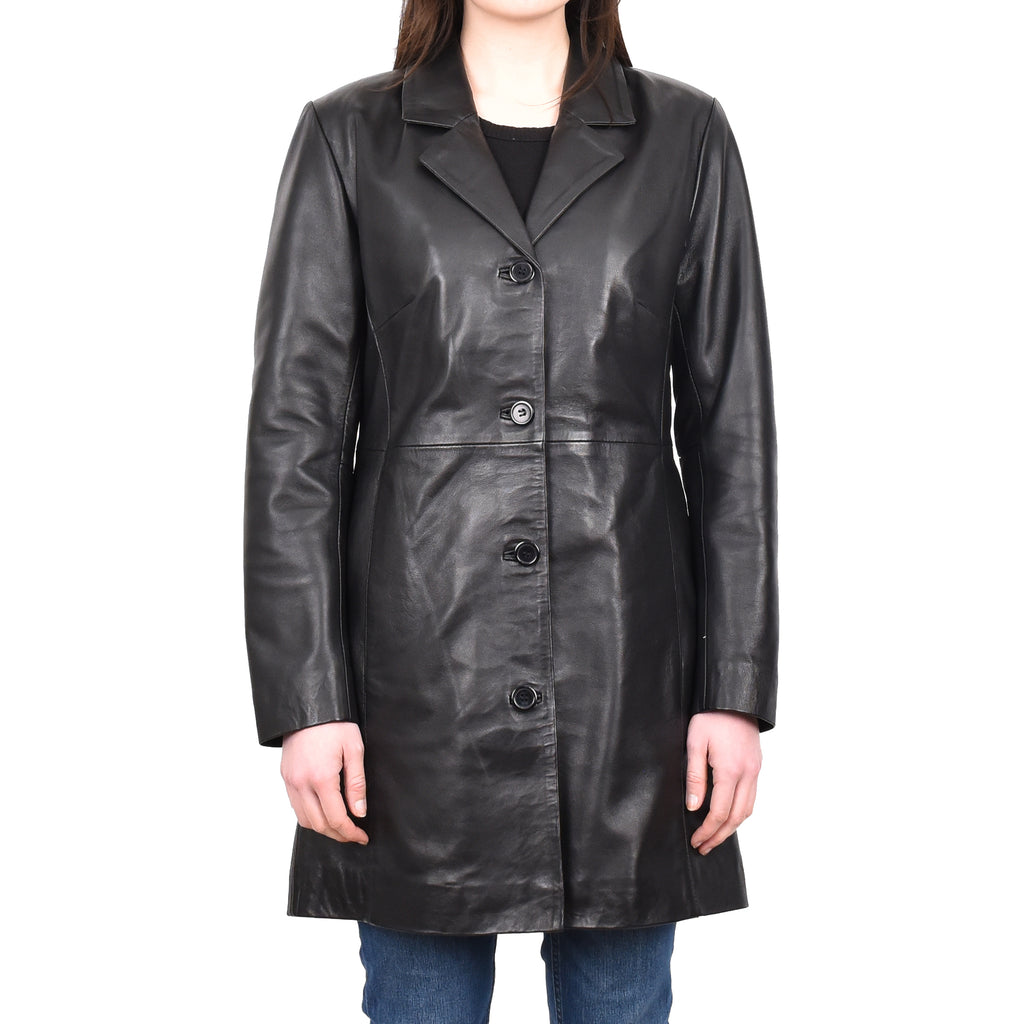 Women's Smart 3/4 Length Long Real Leather Coat Black Solaire 1