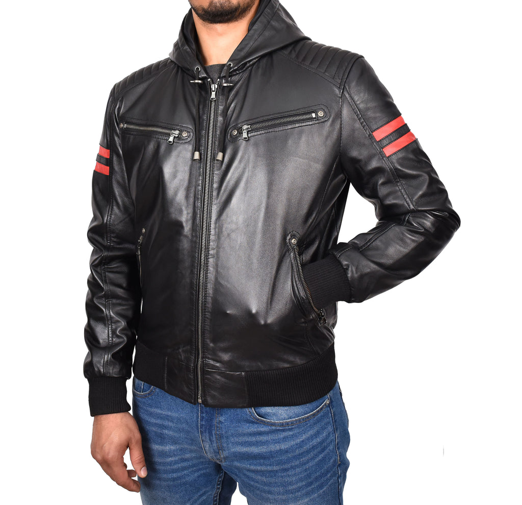 DR562 Men's Leather Hooded Bomber Jacket Black 6