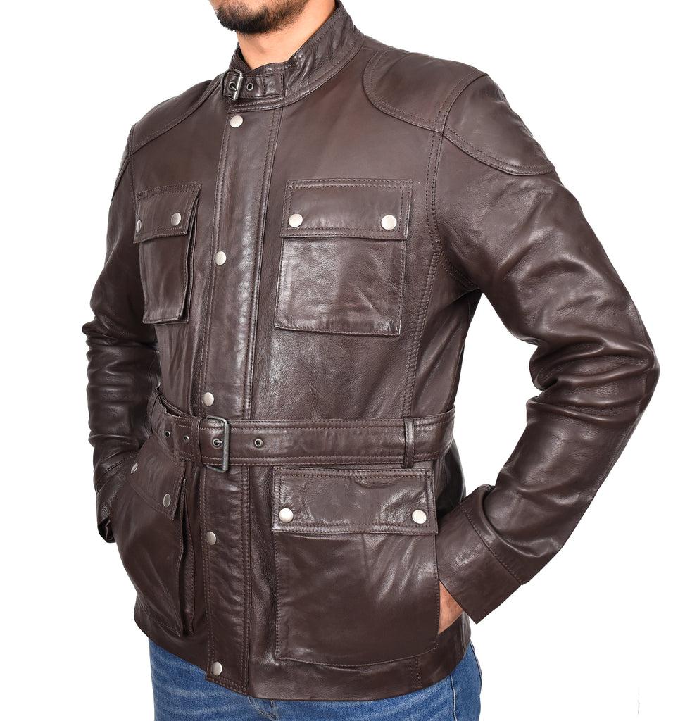 DR190 Men’s Leather Trendy Safari Jacket With Waist Belt Brown 6