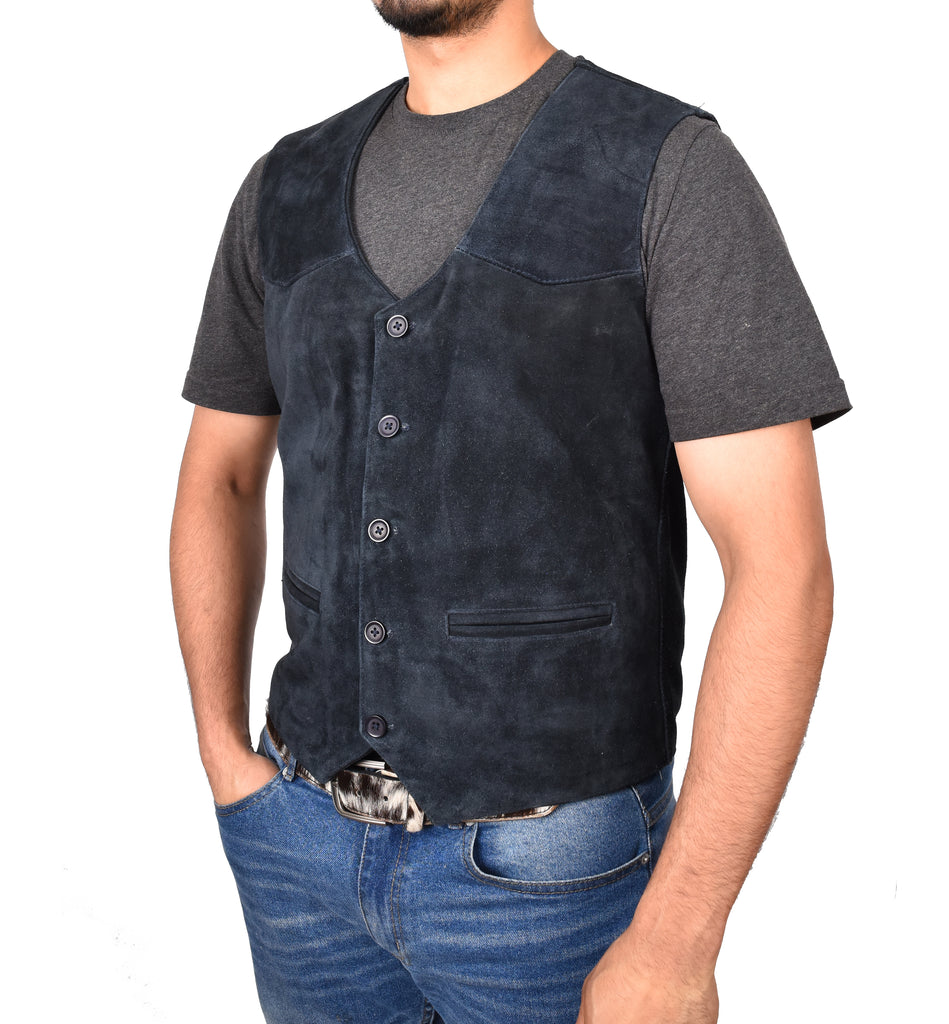 DR121 Men's Leather Suede Cowboy Waistcoat Navy 6