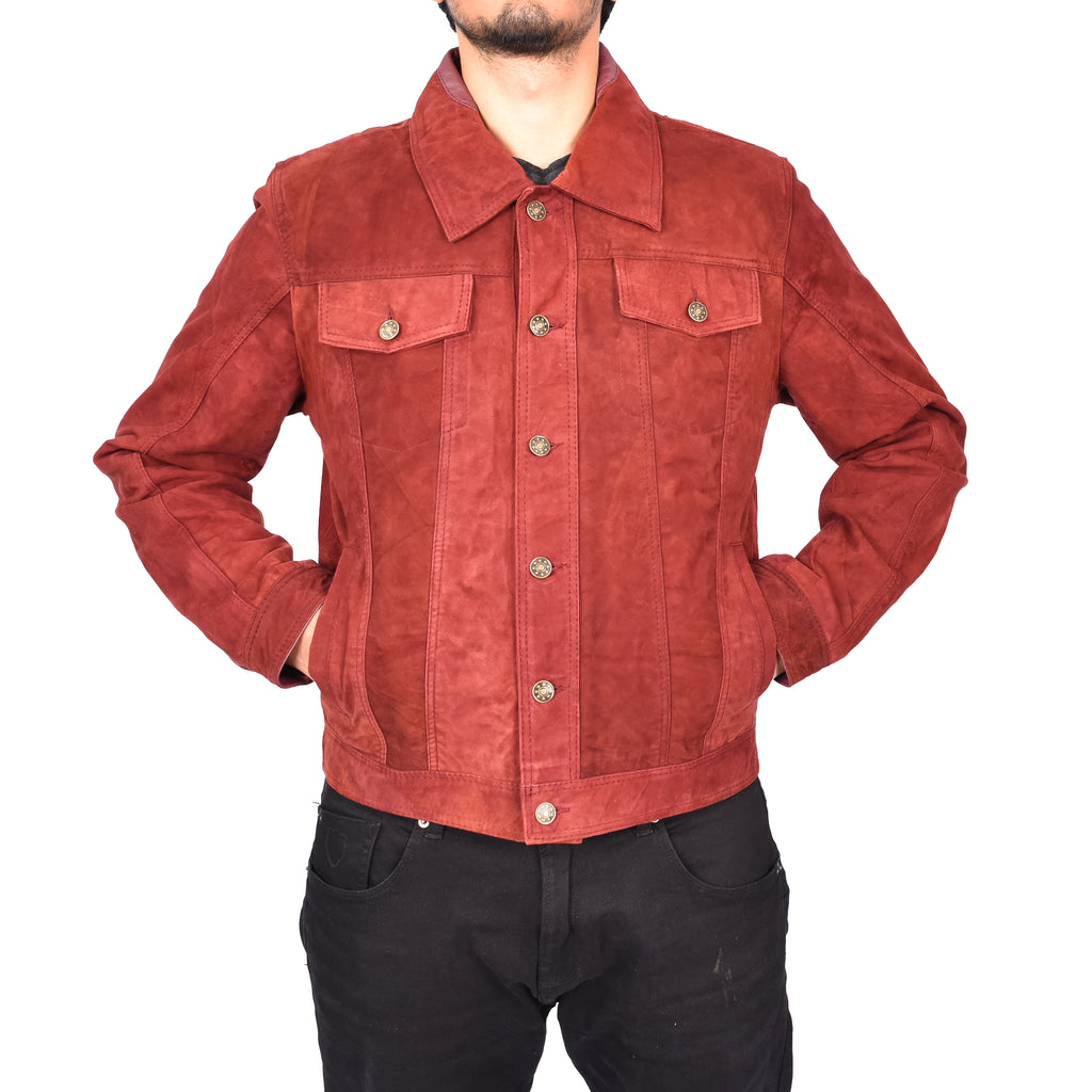 Men's Genuine Suede Buttoned Leather Jacket Trucker Style Burgundy Rorik-6