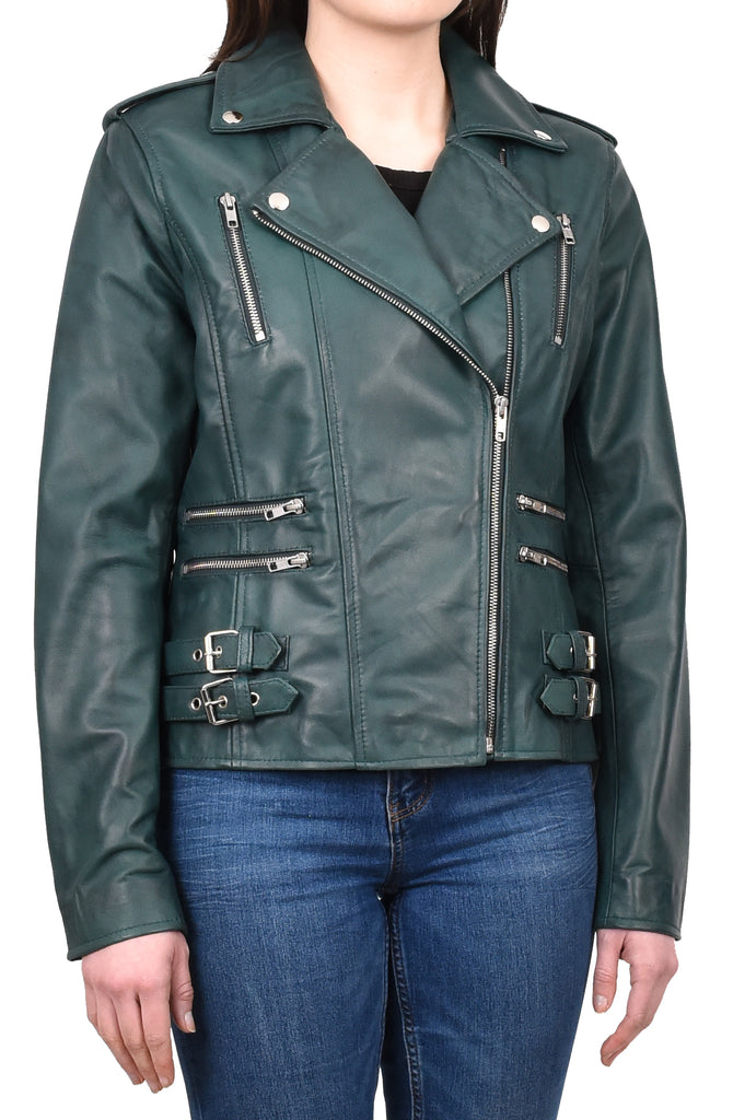 DR195 Women’s Trendy Biker Leather Jacket Teal 6