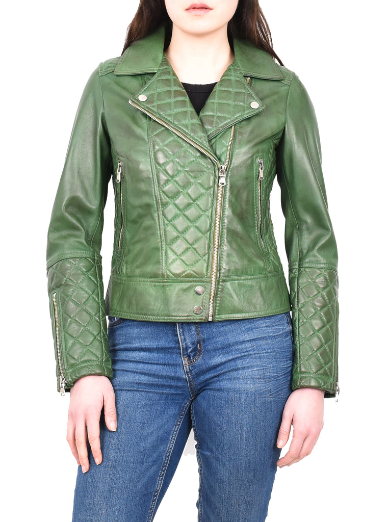 DR238 Women's Leather Biker Jacket with Quilt Detail Green 7