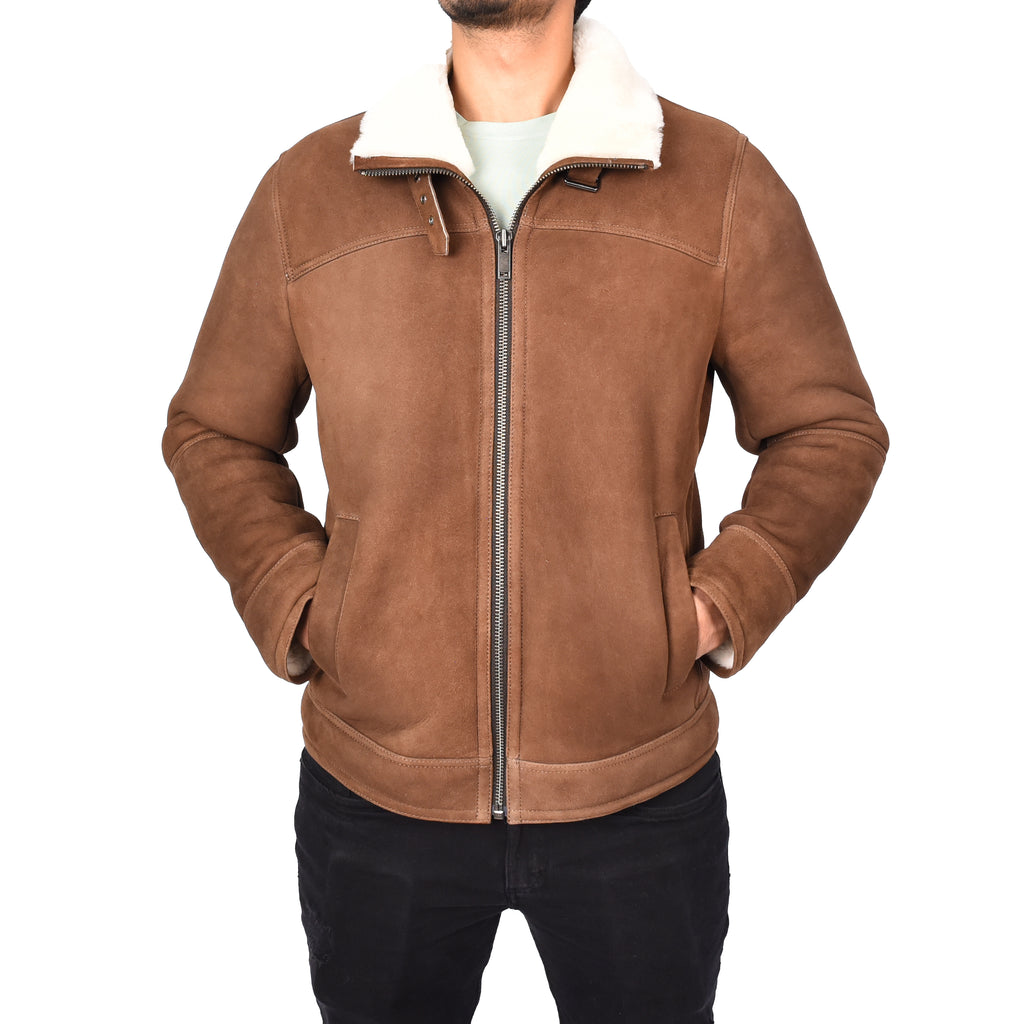 Mens Genuine Sheepskin Leather Harrington Bomber Jacket Retro Franz Brown-1