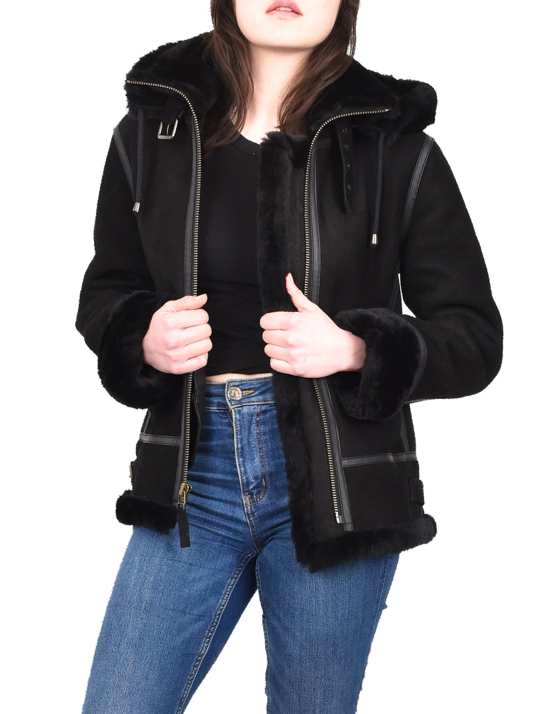 DR248 Women's Real Sheepskin Winter Warm Jacket Black 7