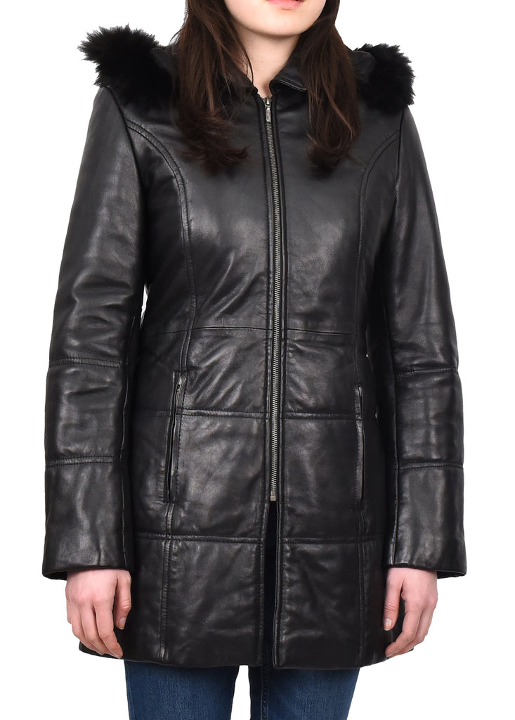 DR254 Women’s Leather 3/4 Length Puffer Coat Black 5