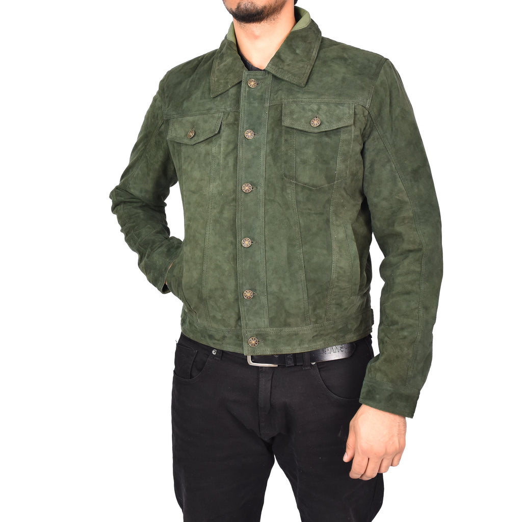 Men's Genuine Suede Buttoned Leather Jacket Trucker Style Green Rorik-6