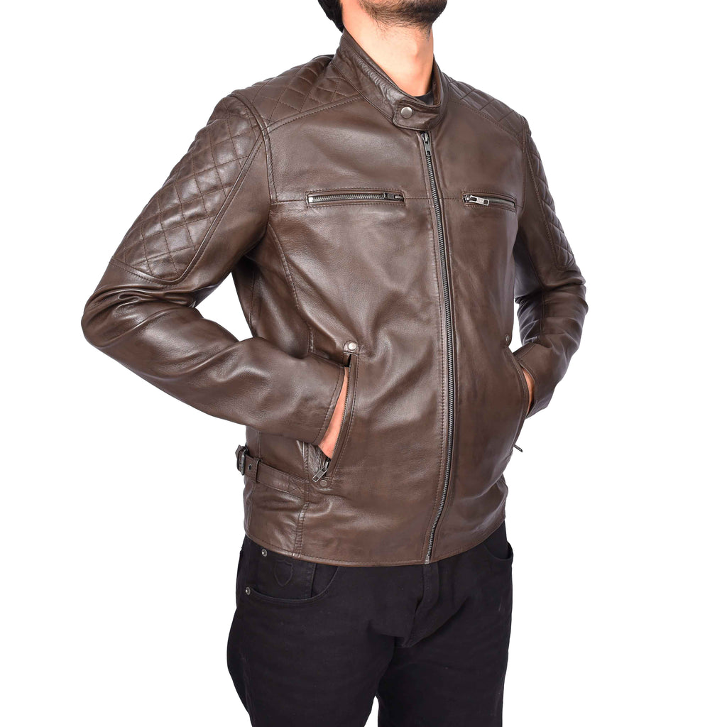 Men's Classic Quilted Biker Real Leather Jacket Brown Igor-5