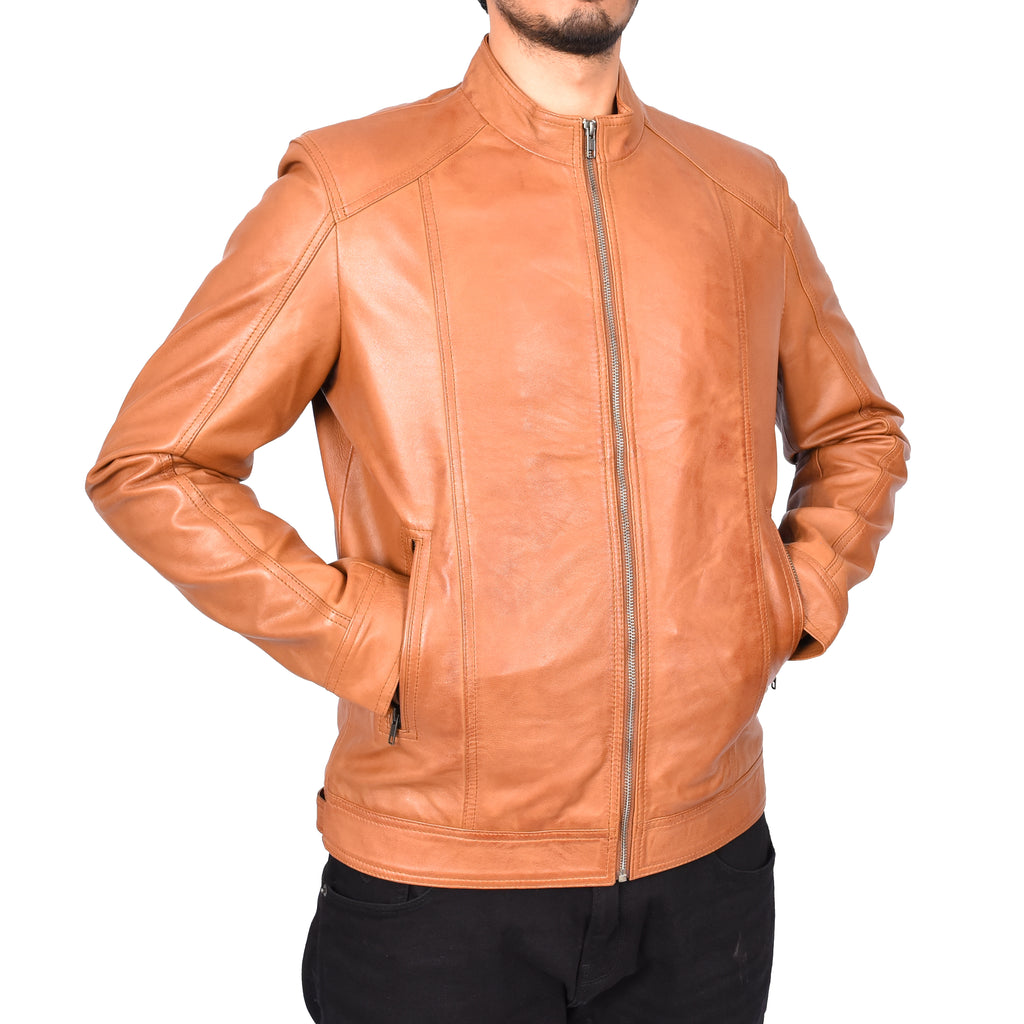 Men's Casual Biker Real Leather Jacket Tan Verner 6