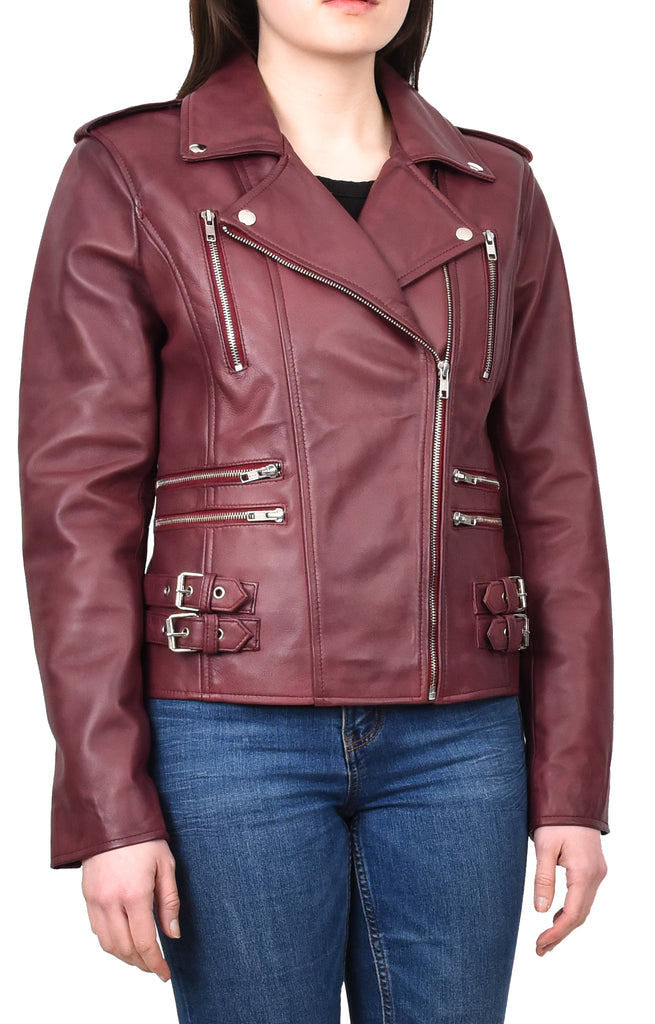 DR195 Women’s Trendy Biker Leather Jacket Burgundy 6