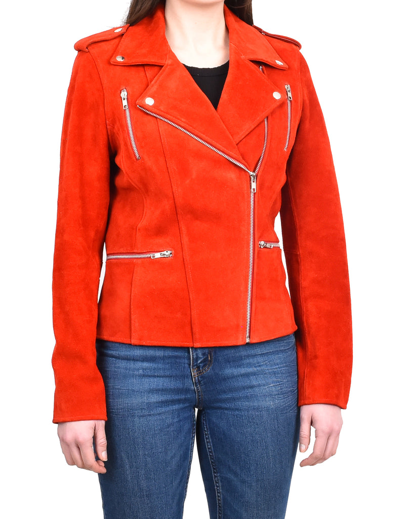 DR217 Women's Hardrock Biker Chich Leather Jacket Red Suede 6
