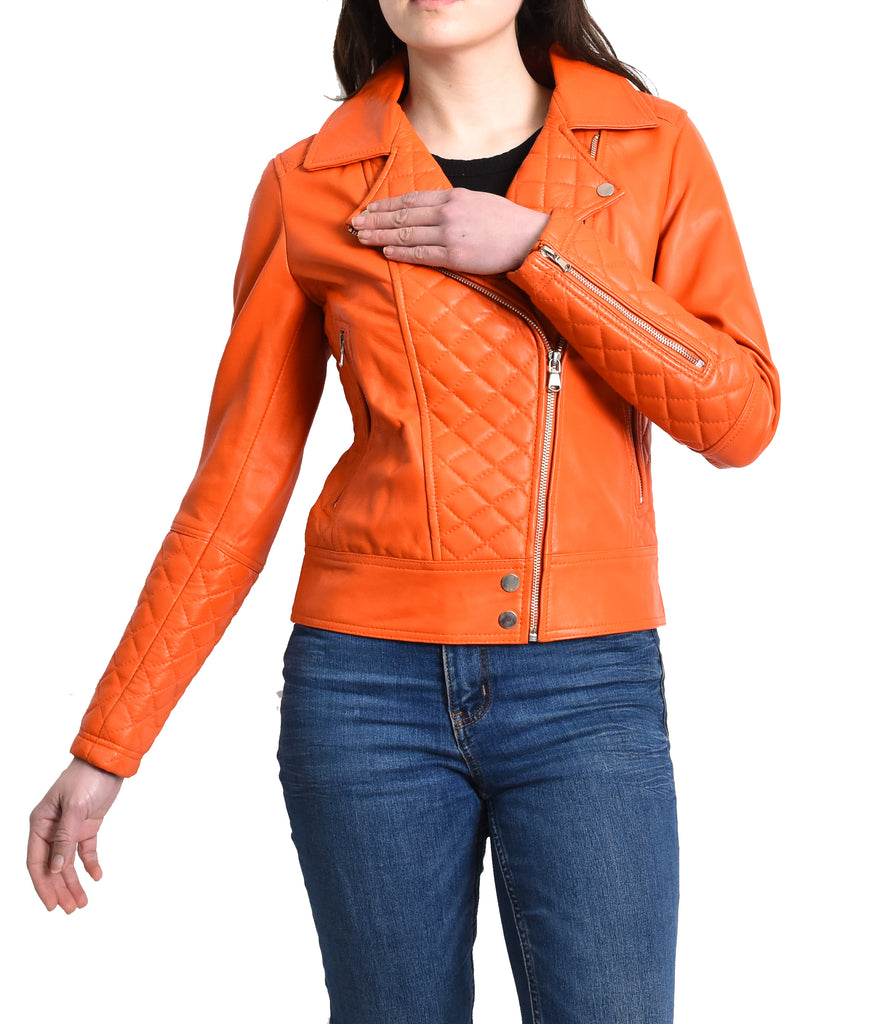 DR238 Women's Leather Biker Jacket with Quilt Detail Orange 8