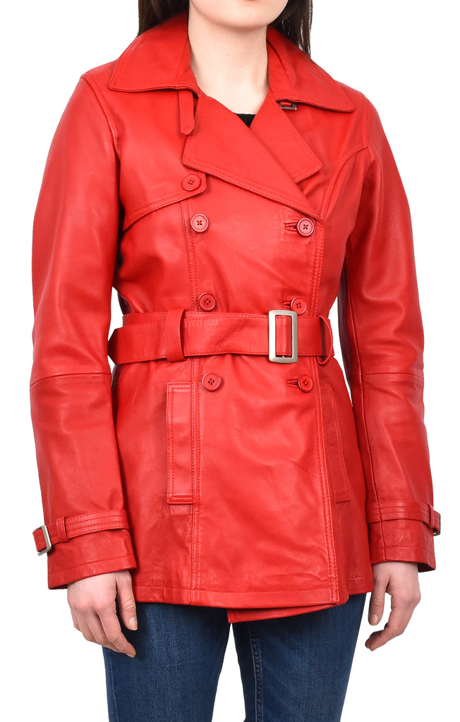 DR201 Women's Leather Buttoned Coat With Belt Smart Style Red 6