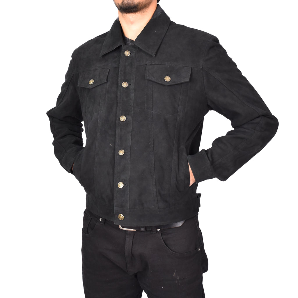 Men's Genuine Suede Buttoned Leather Jacket Trucker Style Black Rorik-5