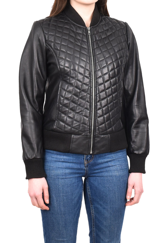 DR211 Women's Quilted Retro 70s 80s Bomber Jacket Black 6