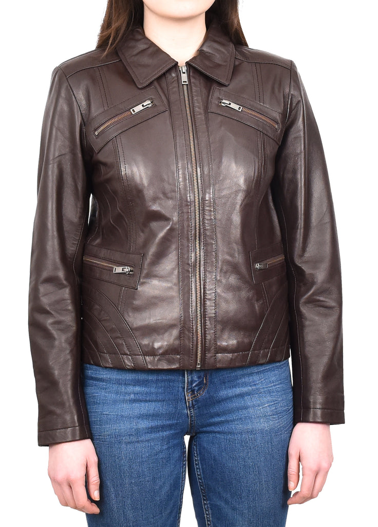 DR223 Women's Classic Leather Biker Zip Box Jacket Brown 6
