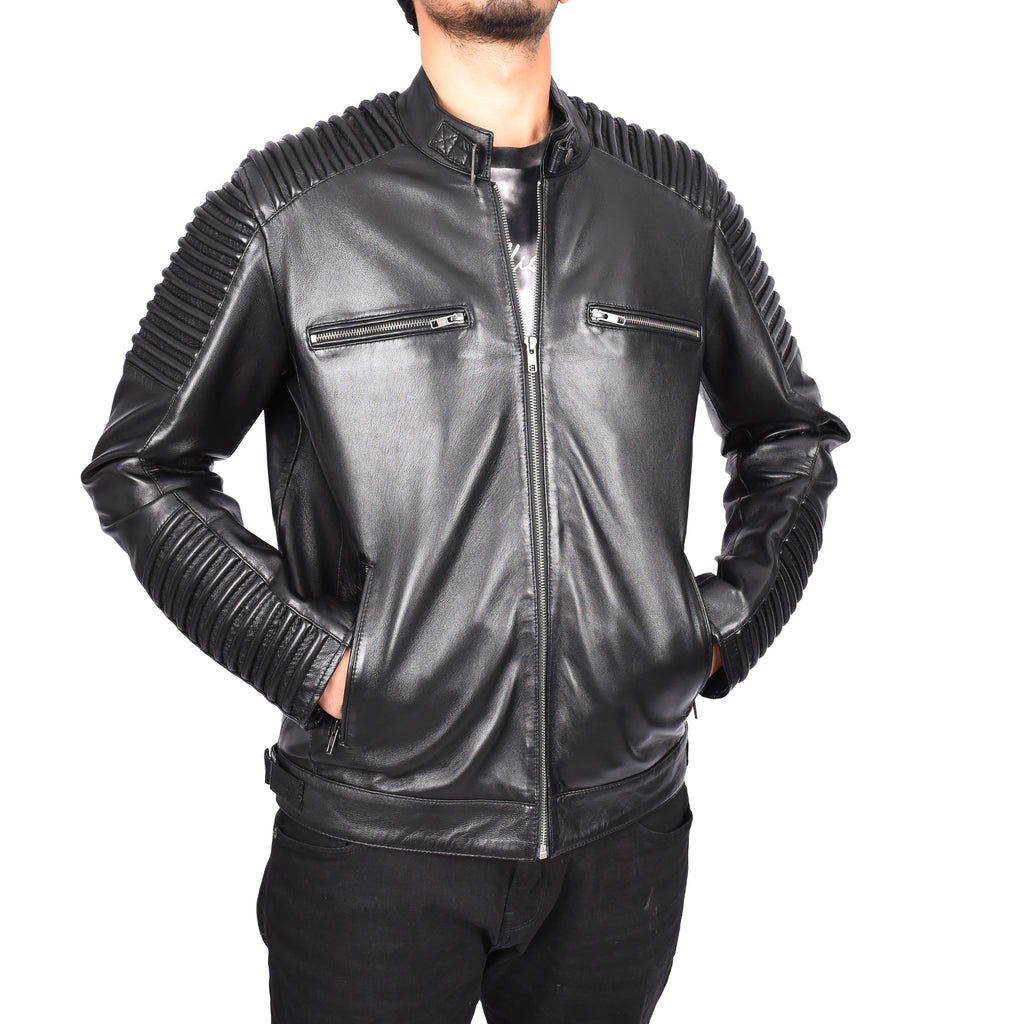 Men's Classic Rough Ride Biker Leather Jacket Black Valderma-6