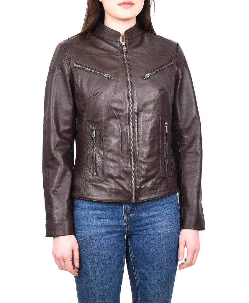 DR200 Ladies Classic Casual Biker Leather Jacket Brown 6