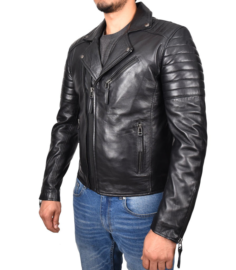 DR145 Men's Quilted Biker Leather Jacket Black 6