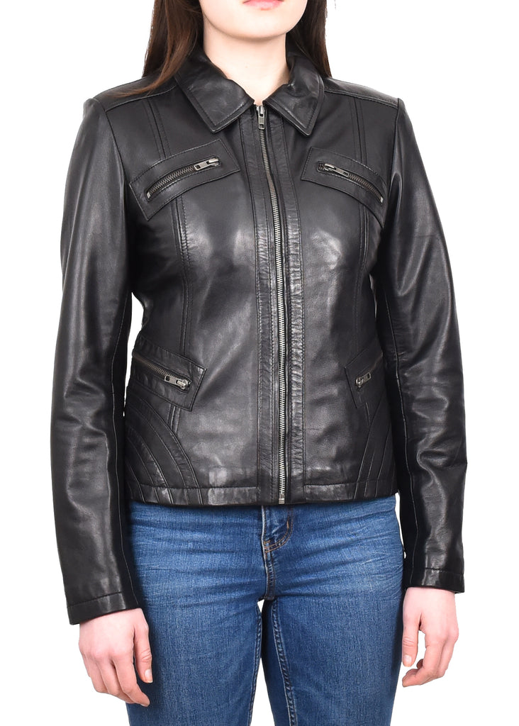 DR223 Women's Classic Leather Biker Zip Box Jacket Black 6