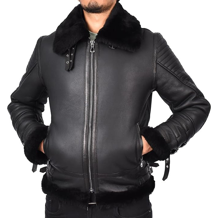 Mens Genuine Sheepskin Jacket Retro Biker Style Flying Aviator  Lothar Black-6