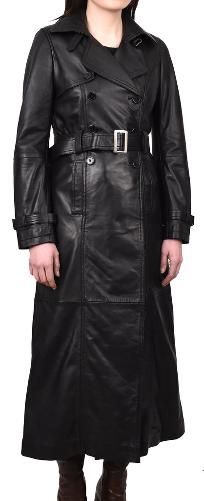 DR242 Women's Leather Full Length Trench Coat Black 6