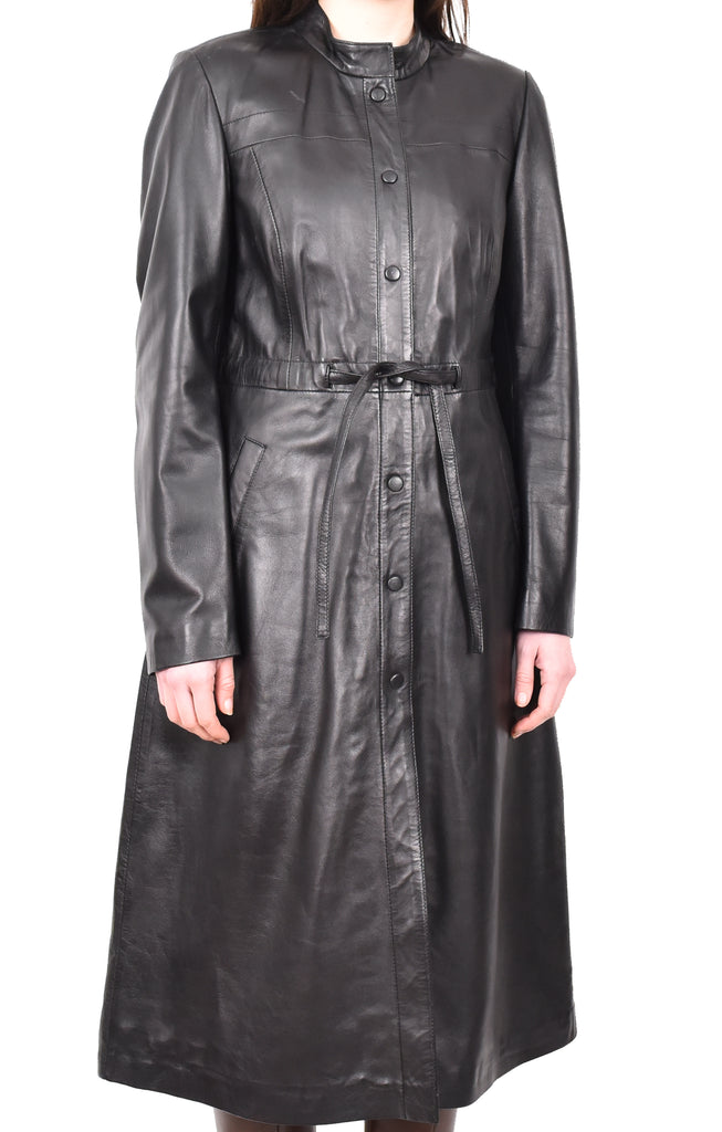 DR240 Women's Real Leather Slim Fit Trench Overcoat Black 6