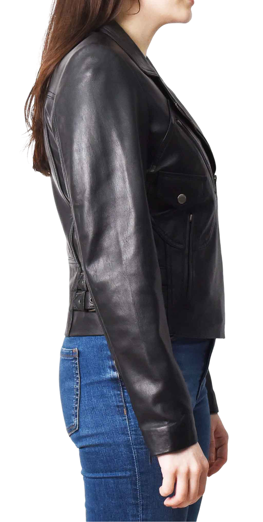 DR208 Women's Collarless Biker Leather jacket Black 6