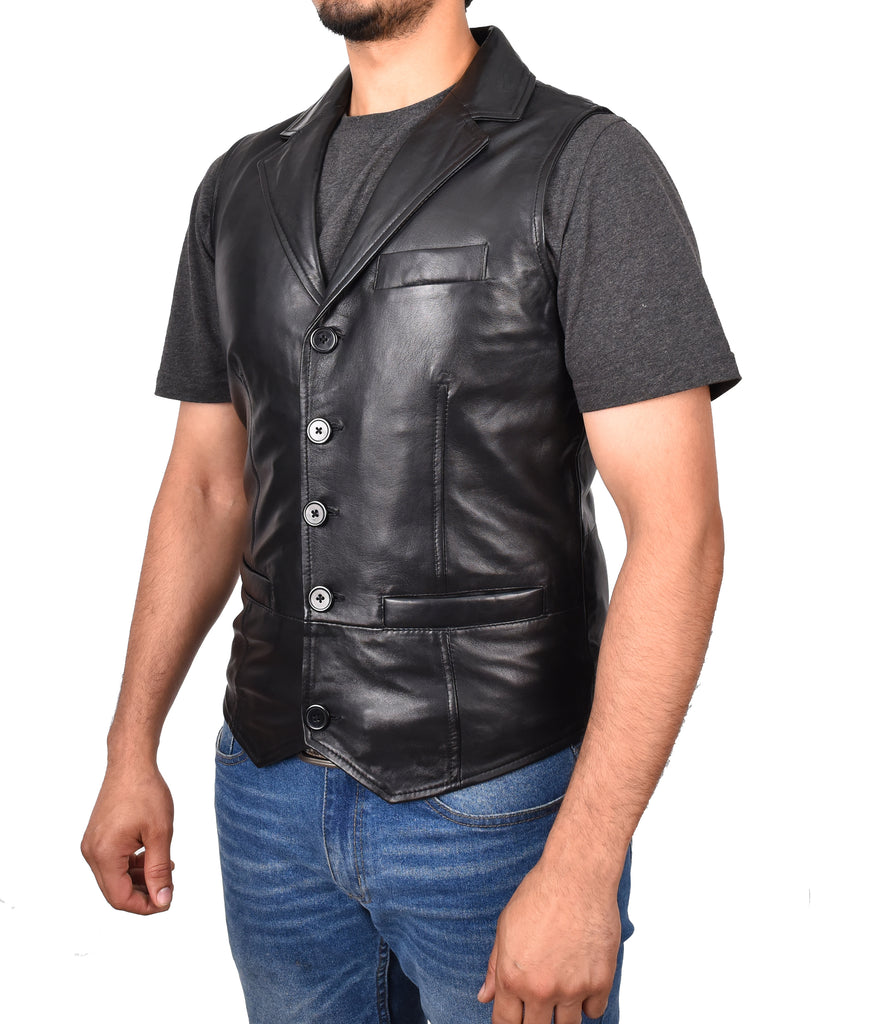 DR126 Men's Blazer Style Sheep Leather Waistcoat Black 6