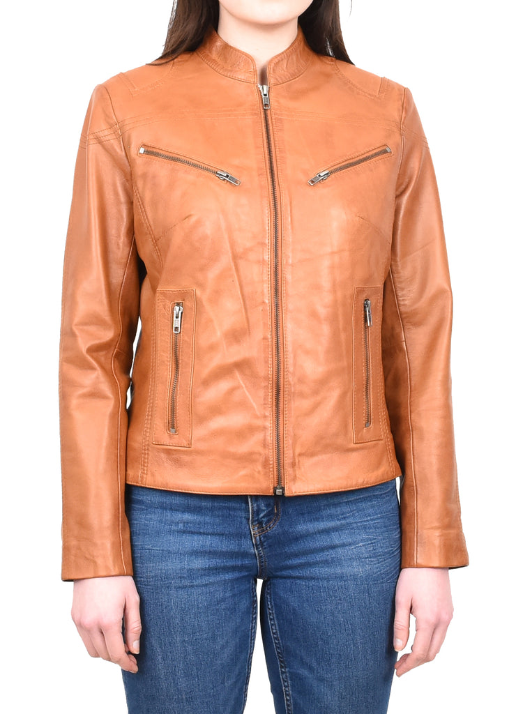 DR200 Ladies Classic Casual Biker Leather Jacket Tan 6