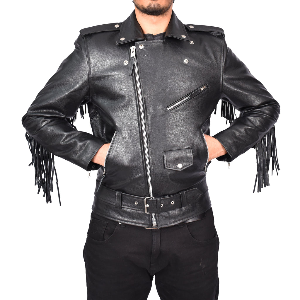 Men’s Biker Leather Jacket With Fringes Tassels Style Black Jarrel-5