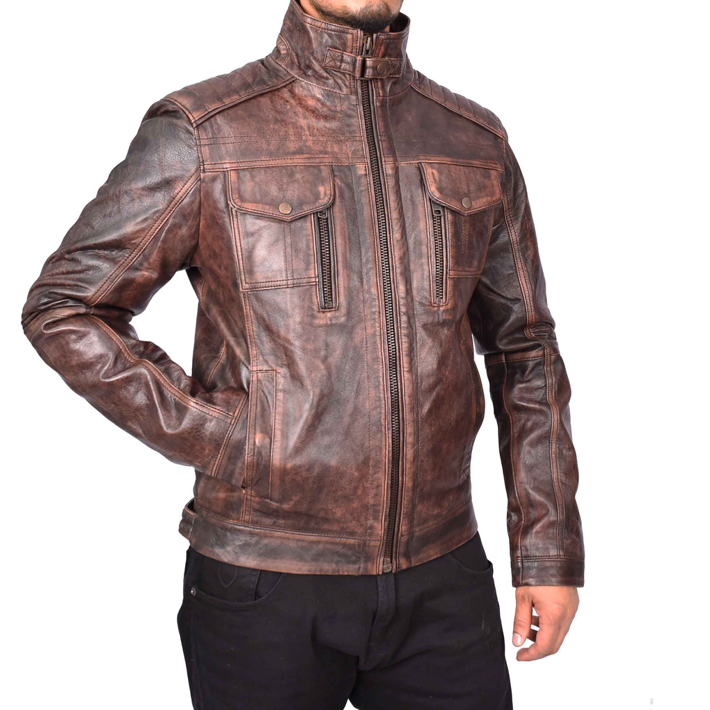 Men's Urban Biker Style Real Leather Jacket Brown Kristoffer 6