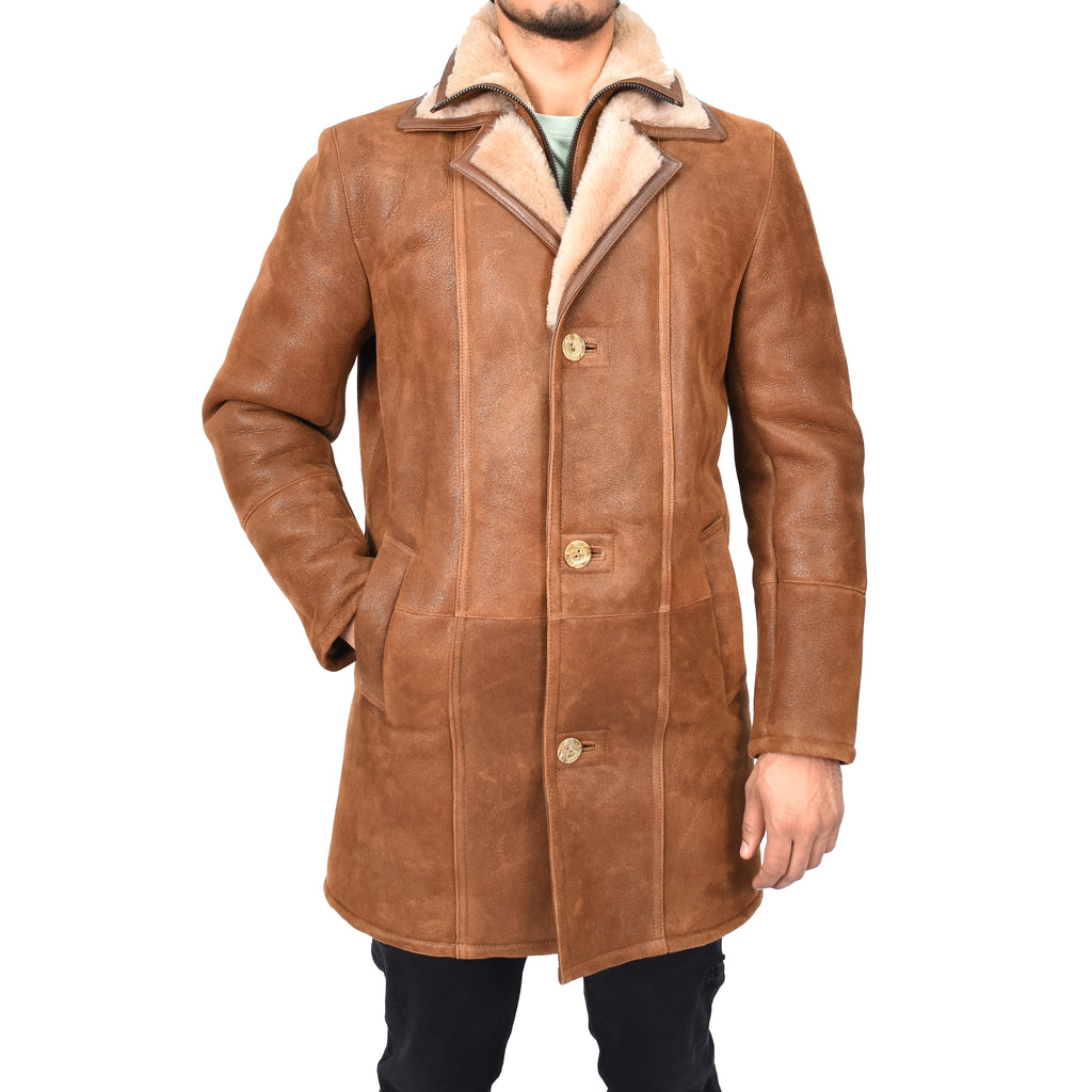 Mens Retro ¾ Length Long Real Shearling Sheepskin Coat Winter Warm Bastian Tan-1