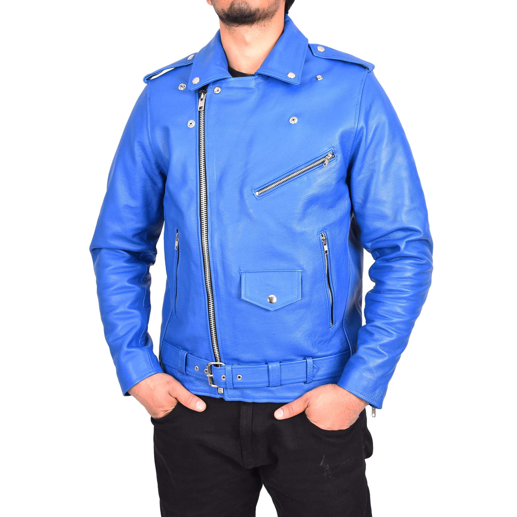 Men's Hard Wearing Real Cowhide Leather Biker Jacket Blue Gunther-6