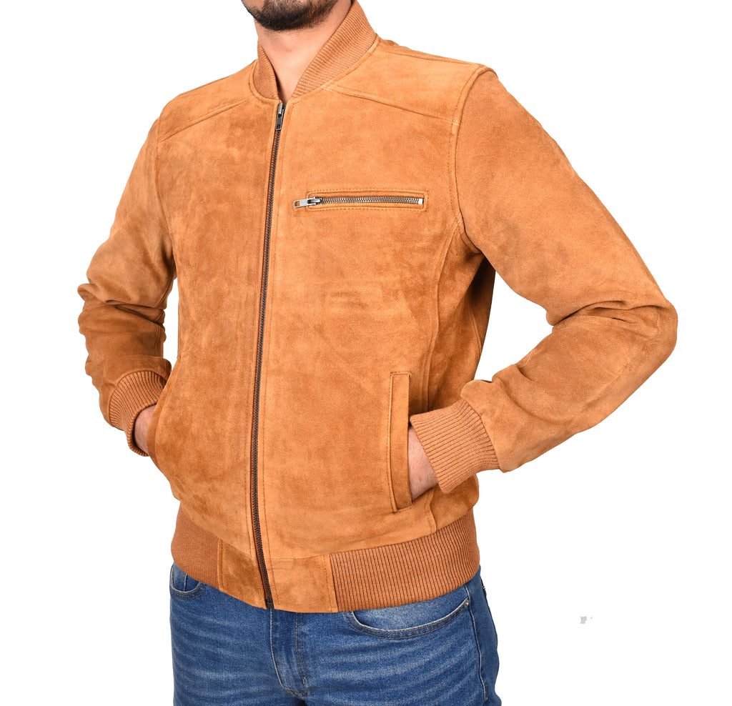 DR120 Men's Suede Leather bomber Jacket Tan 6