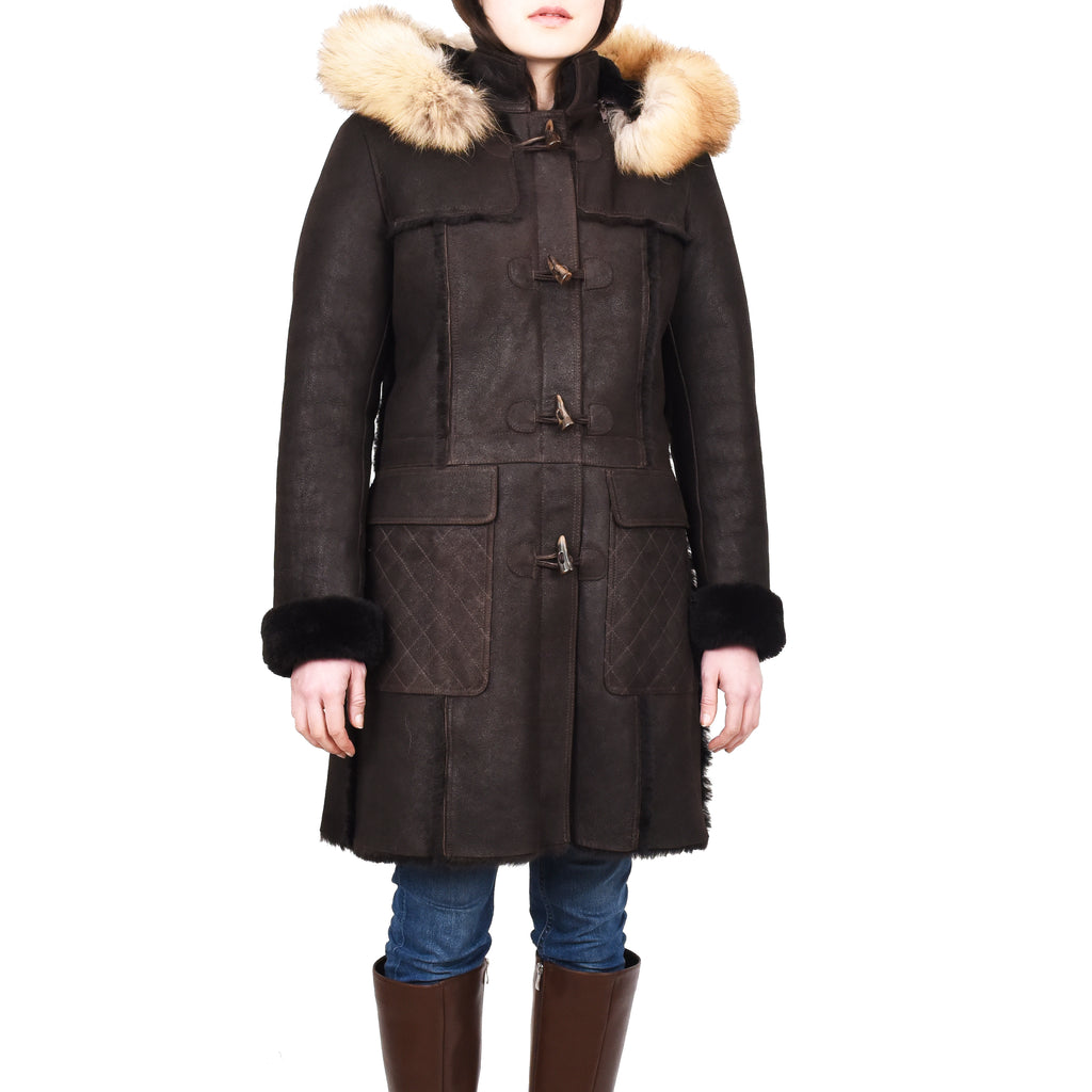 Women's Real Shearling Sheepskin Italian Classic Coat Brown Birna 7