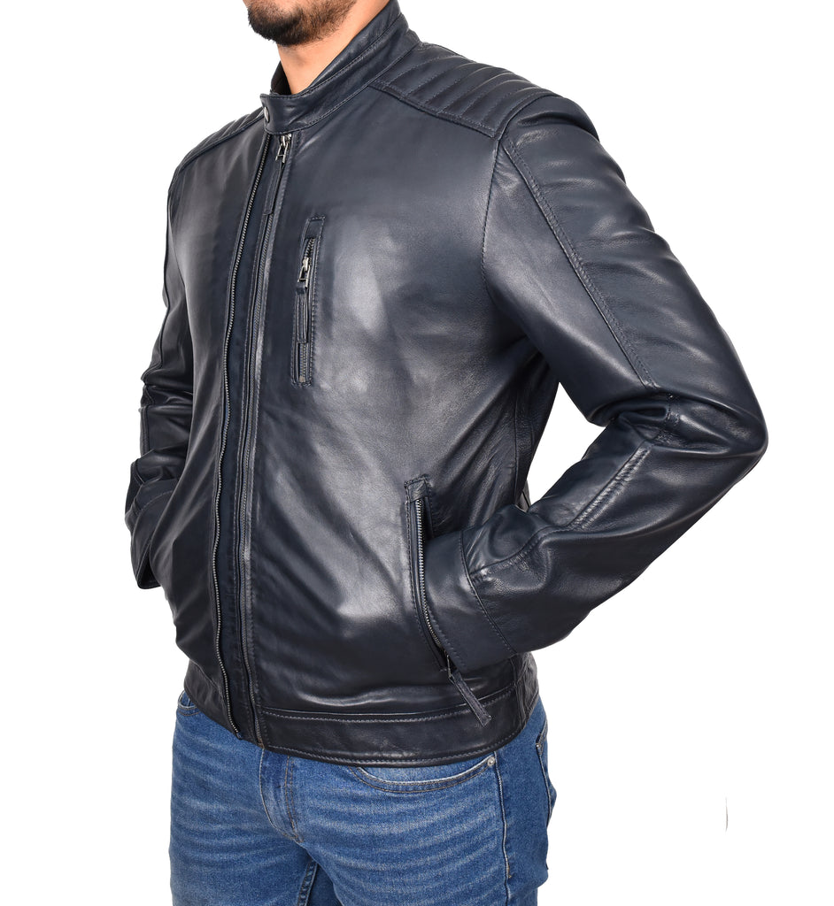 DR185 Men's Real Leather Biker Jacket Navy 6