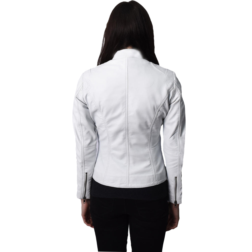 Ladies Classic Casual Biker Real Leather Jacket White MotoBliss 2