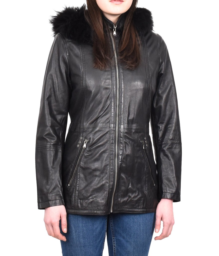 DR260 Women’s Black Leather Duffle Parka Jacket with Removable Hood 6