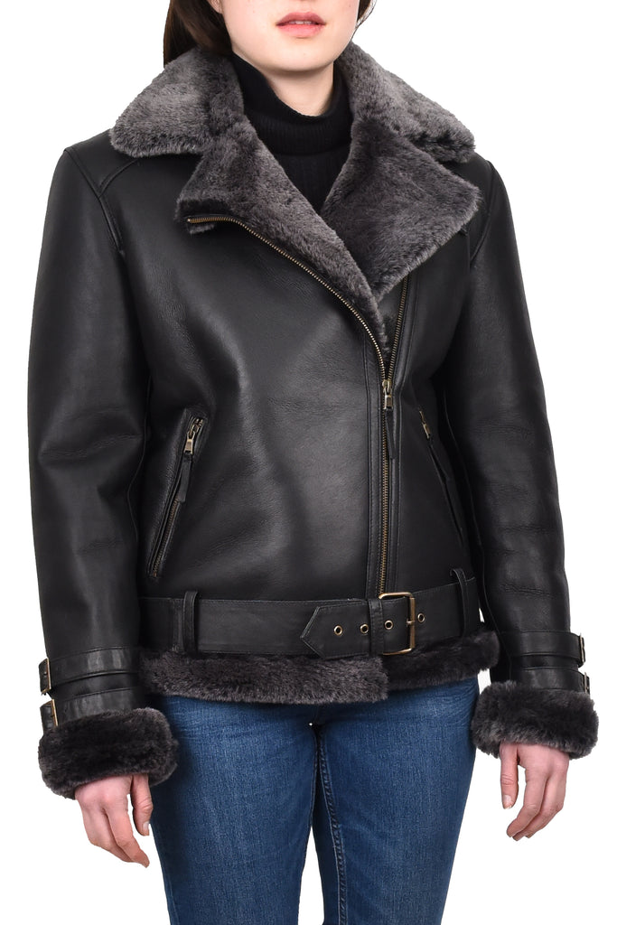 DR251 Women's Sheepskin Italian Classic Look Leather Jacket Black 6