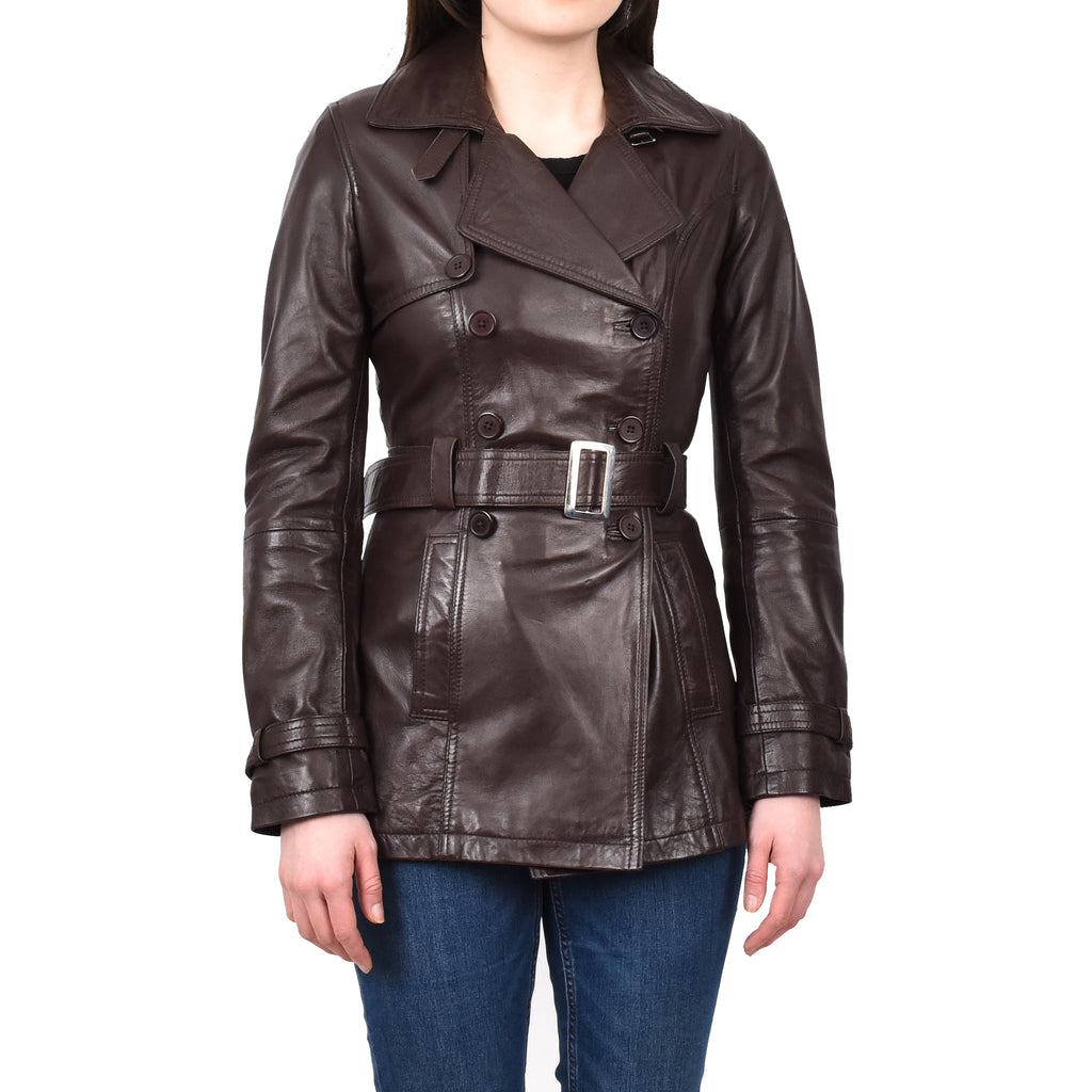 Women's Real Leather Buttoned Coat With Belt Brown GlamTrench 1