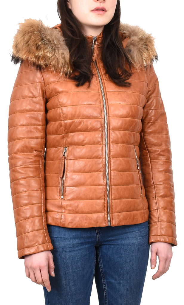 DR262 Women’s Real Leather Puffer Jacket Removable Hood Tan 6