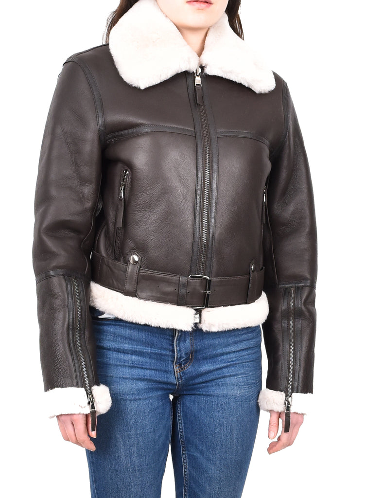 DR228 Women's Retro Sheepskin Leather Jacket Short Brown 6