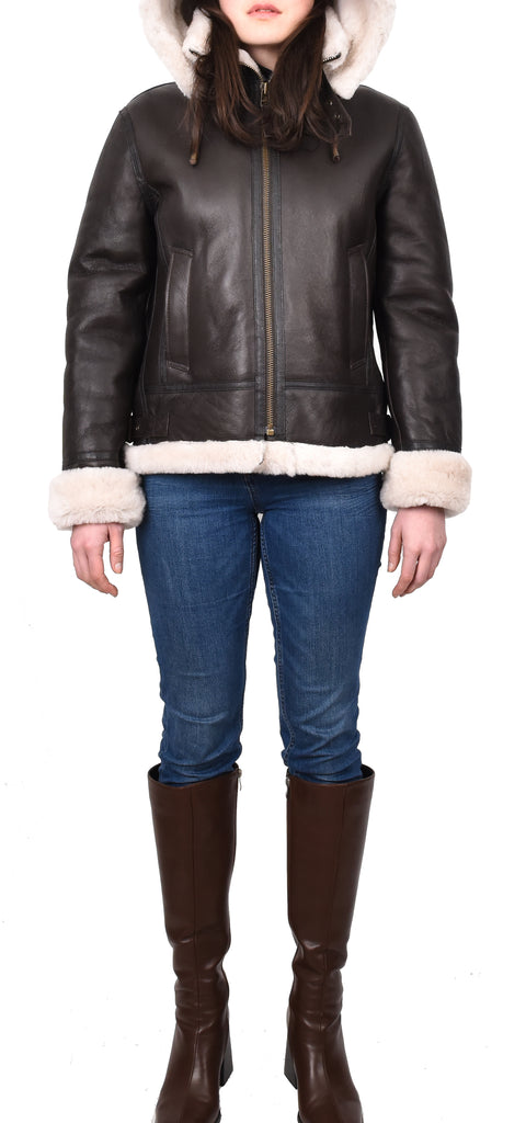 DR248 Women's Real Sheepskin Winter Warm Jacket Brown 7