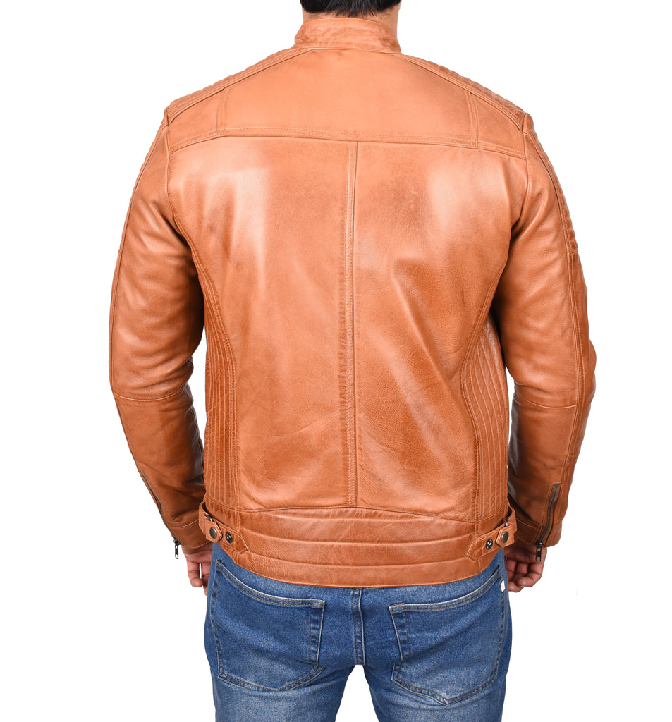 DR101 Men's Leather Cafe Racer Biker Jacket Tan 6