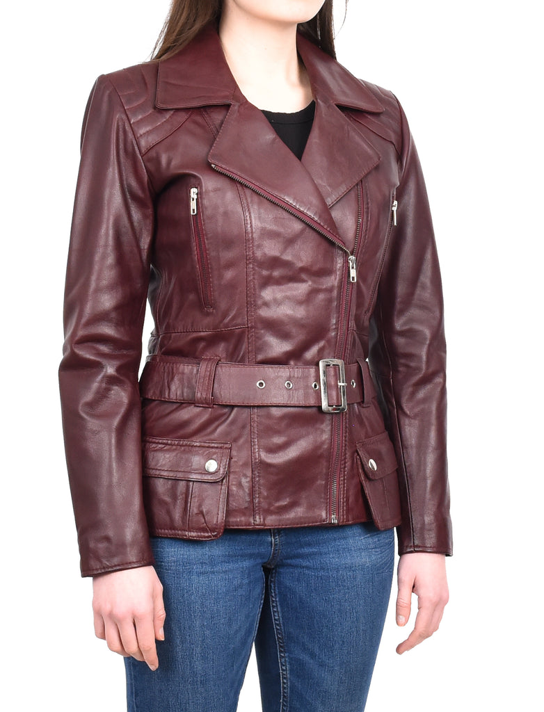 DR205 Women’s Slim Fit Cut Hip Length Biker Leather Jacket Burgundy 6