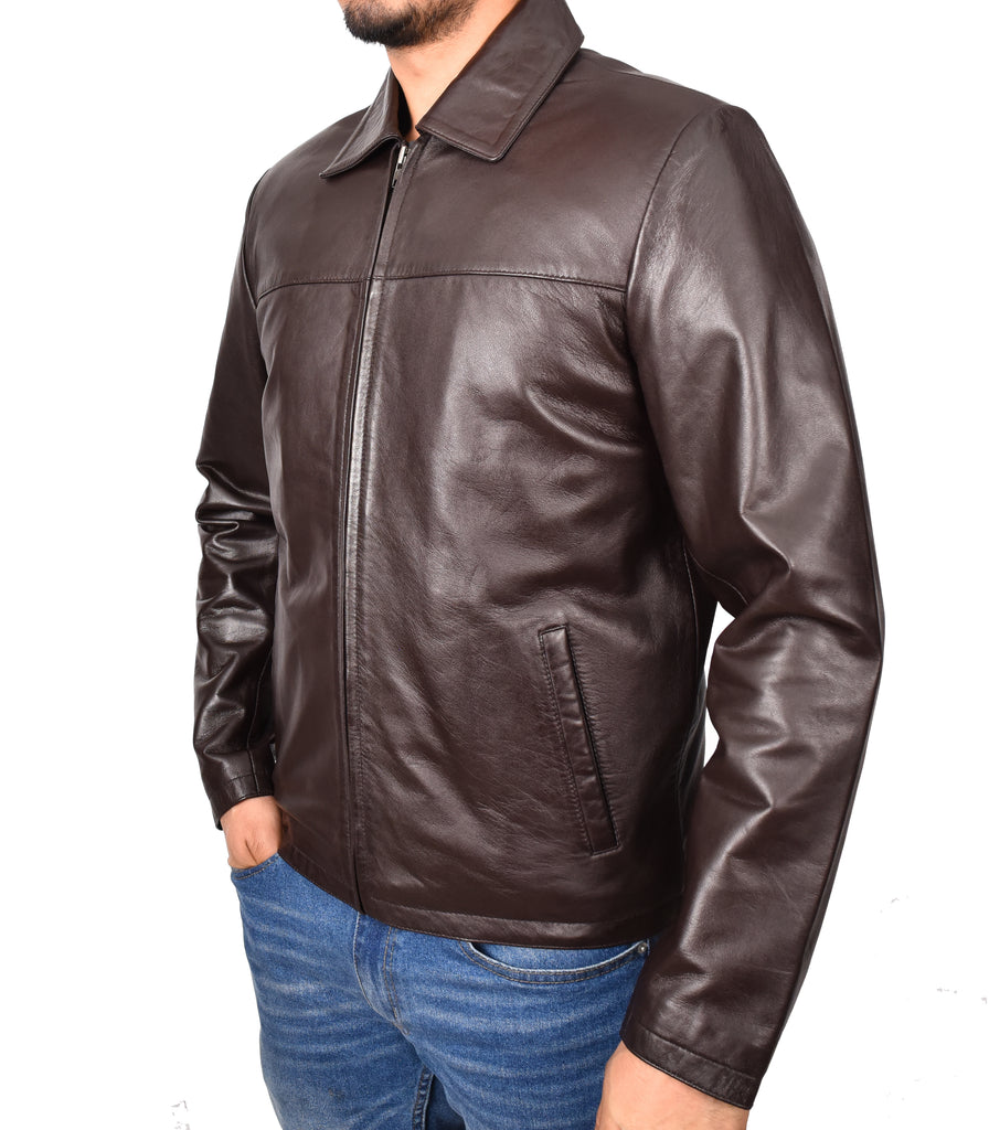 DR104 Men's Classic Zip Box Leather Jacket Brown 6