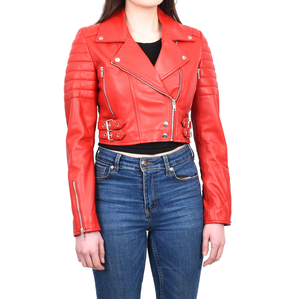 Women's Short Cropped Style Real Leather Biker Jacket Red Croppette 1